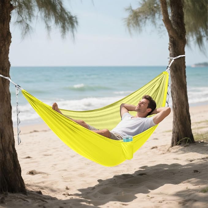 Bright Yellow Solid Color Camping Hammock, Portable Lightweight Single Hammock with Tree Straps and Aluminum Carabiners, 114" x 54" Travel Hammock for Hiking Backpacking Beach