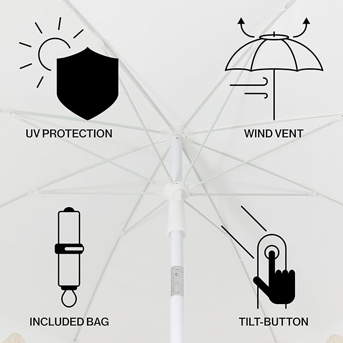 JONATHAN Y Mariner 6.5 ft. Beach Umbrella, Solid White with Fringe, Push-Button Tilt, UPF 50+ Sun Protection and Carrying Bag for Patio and Pool, White Pole UMB1005A