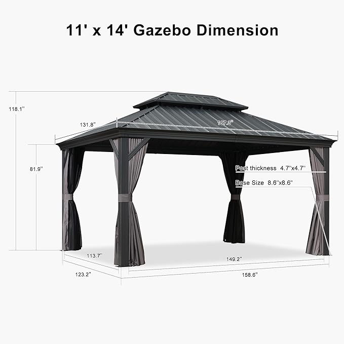 PURPLE LEAF 11' X 14' Hardtop Gazebo with Galvanized Steel Double Roof Outdoor Gazebo for Patio Lawn and Garden Curtains and Netting Included Grey