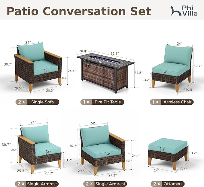PHI VILLA 9-Seat Outdoor Wicker Furniture Set with 4-inch Thick Cushions, High Back Wicker Sofa with Gas Fire Pit Table for Cozy Patio Conversations in Blue (Loveseat)