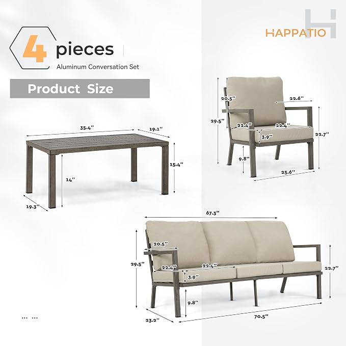 HAPPATIO Aluminum Patio Furniture Set, 4 Pieces Conversation Set with Thick Cushions and Coffee Table, All Weather 3-Seat Sofa Waterproof and Rustproof for Garden, Backyard, Porch, Grey