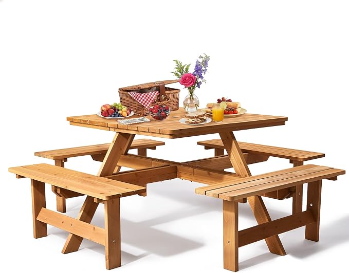 VINGLI 8-Person Wood Picnic Table Sqaure Picnic Table with Umbrella Hole and 4 Built-in Benches, Outdoor Dining Tables and Chairs 500 LBS Bench Capacity (Natural, Sqaure)