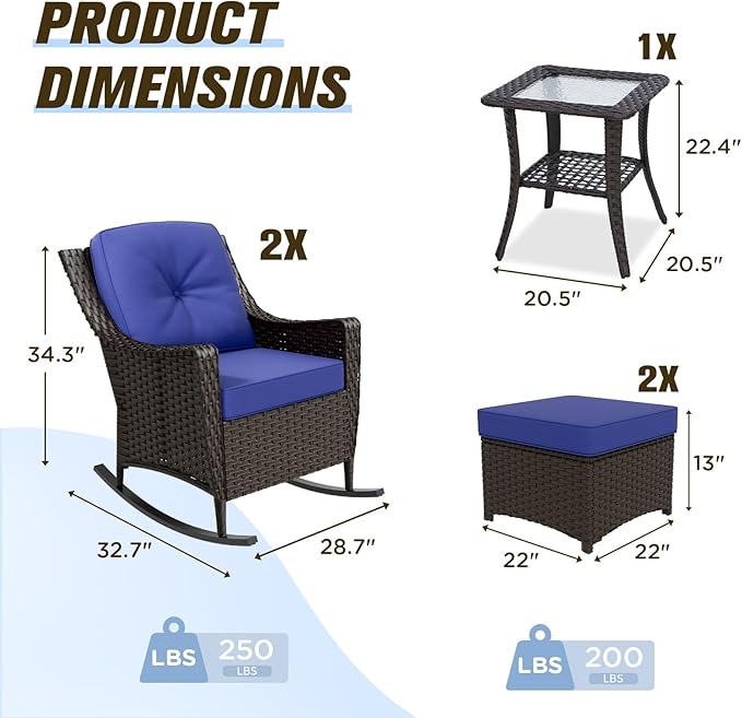 Stone Creek Outdoor Furniture Set with Rocking Chairs, Side Table & Ottomans, Wicker Patio Conversation Set, Balcony Furniture, 5 Piece, Brown/Blue