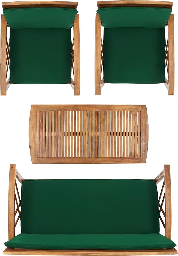 SAFAVIEH Outdoor Collection Fontana Natural/ Green Cushions 4-Piece Conversation Patio Set