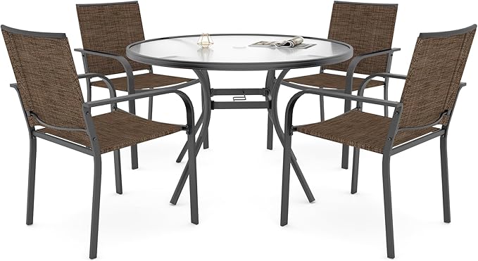 Anmutig 5 Piece Outdoor Patio Dining Set, 40" Round Glass Table with 4 Stackable Chairs - Brown Tan