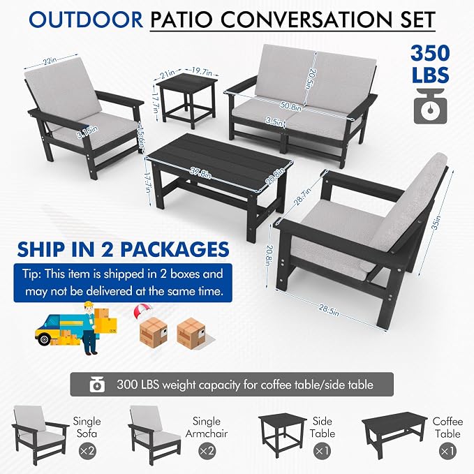 6-Piece HDPE Patio Furniture Set, All-Weather Outdoor Sectional Sofa Set w/Coffee Table+Side Table - Wood-Like Composite Conversation Couch for Deck, Lawn, Balcony - Black Frame with Cushion