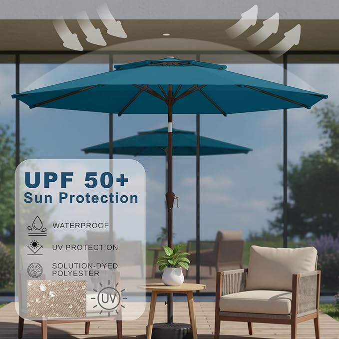 9ft 2-Tiers Patio Umbrella,Outdoor Market Table Umbrella with Push-Button Tilt & Crank | UV Protection,Suit for Backyard,Garden,Pool,Deck(Lake Blue)