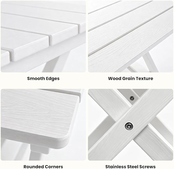 Folding Outdoor Side Table, 2-Tier Storage Heavy Duty HDPE Patio End Table | No Assembly, Weather Resistant, Wood-grain Texture, Easy to Clean, White Porch table