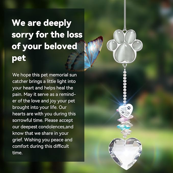 Dog Memorial Gifts, Pet Memorial Suncatcher, Loss of Dog Sympathy Gift | Thoughtful Dogs and Cats Bereavement Remembrance Gifts, Natural Cat's Eye Stone Paw Crystal Suncatcher