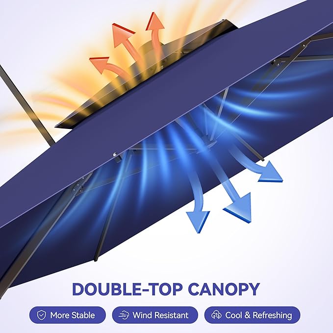 GENTEACO 9x12FT Cantilever Patio Umbrella, Double Top Rectangle Offset Umbrella 7 Angle Tilts & 360° Rotation, Large Heavy Duty Outdoor Sun Umbrella for Pool Market, Navy Blue