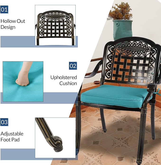 9-Piece Patio Cast Aluminum Dining Set, Outdoor Table and Chairs Set for 8, Includes 64" Large Square Dining Table and 8 Cushioned Chairs with Umbrella Hole for Lawn Garden, Ocean Blue