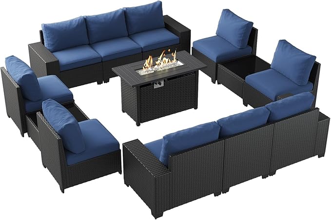 Aoxun Patio Furniture Sets with 44'' Fire Pit, 13 Pcs Outdoor Patio Coversation Sets with 4in Thicken Cushion, Widen Armrests Wicker Outdoor Sectional for Backyard (Waterproof Cover Include)