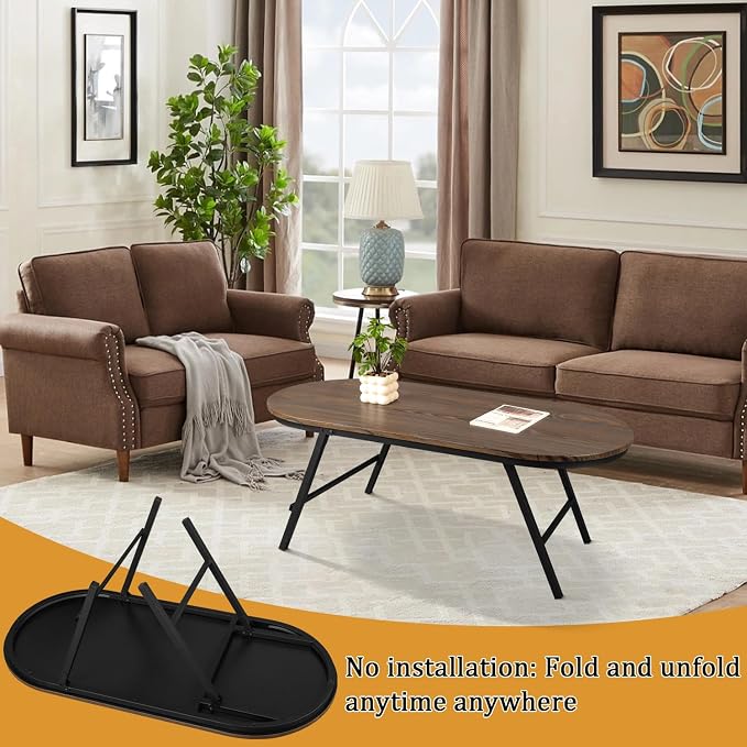 Foldable Coffee Table Oval Small Coffee Tables with Metal Legs Floor Table Desk for Sitting on the Floor Low Coffee Table for Small Spaces Living Room Outdoor Use Dark Brown