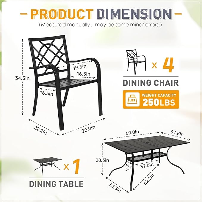 7 Piece Outdoor Patio Dining Set, Metal Patio Furniture Set Outdoor Rectangular Slatted Dining Table with Umbrella Holes & 6 Stackable Backyard Garden Chairs