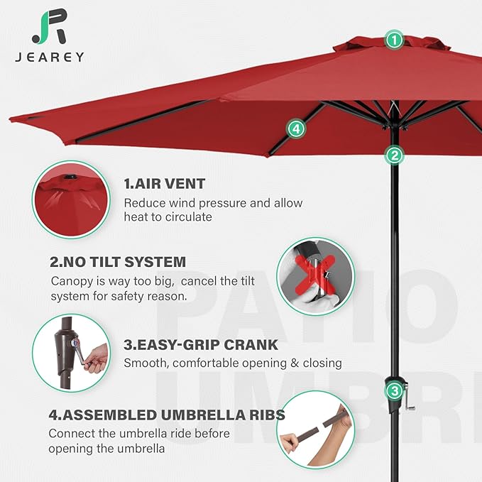 JEAREY 11' Patio Umbrellas Outdoor Table Market Umbrella w/Crank, 8 Sturdy Ribs, UV Protection Windproof for Garden, Deck, Backyard, Pool(Red)