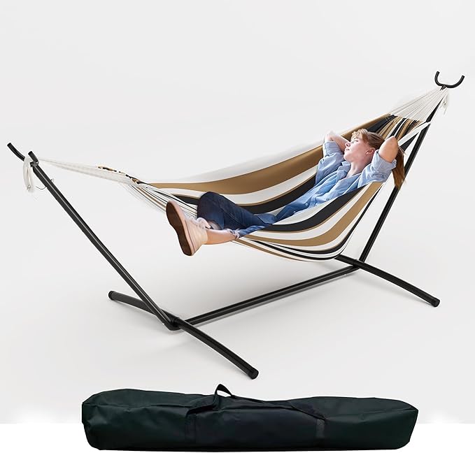 IDEALHOUSE 2 Person Double Hammock with Heavy Duty Steel Stand - 450lbs Capacity Cotton Bed - Portable & Space-Saving - Indoor Outdoor Patio Camping Garden - Includes Carry Bag - Brown