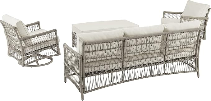 Crosley Furniture Thatcher 4-Piece Outdoor Sofa and Table Patio Furniture Set, Wicker Conversation Sets for Porch, Driftwood with Creme Cushions