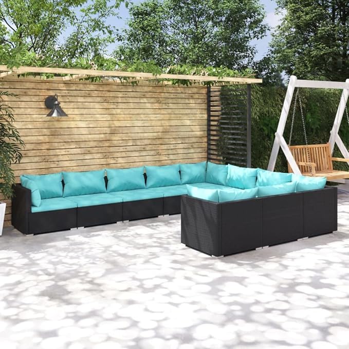 10 Piece Patio Lounge Set with Cushion, Outdoor Patio Sectional Piece Patio Set Furniture Conversation Sets Patio Lounge Set s Poly Rattan Black