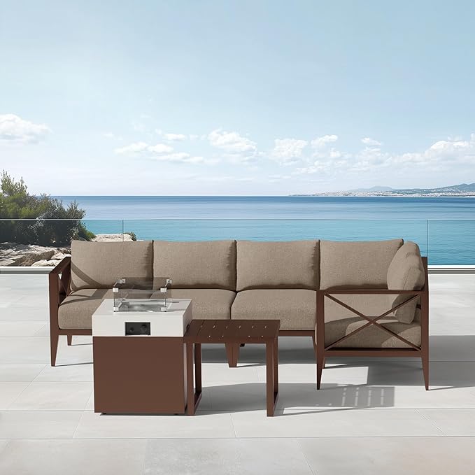 MBY 5-Seat Aluminum Patio Conversation Set with Corner Sofa & 37,000 BTU Fire Pit Table, All-Weather Outdoor Sectional Furniture with Glass Wind Guard – Brown for Balcony, Backyard, Garden
