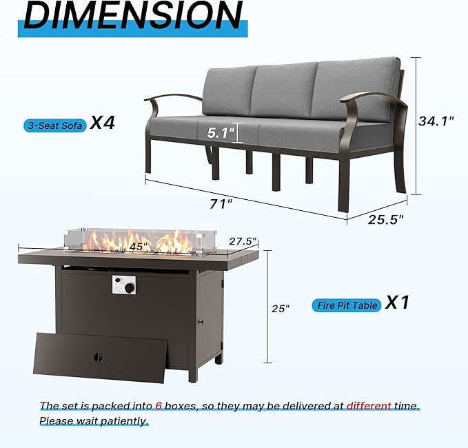 Gotland Aluminum Patio Furniture Set with Fire Pit Table, Metal Patio Furniture with 12 Seats Waterproof 5.1'' Seat Cushions, Oversized Outdoor Sectional Conversation Sets for Balcony Porch Grey