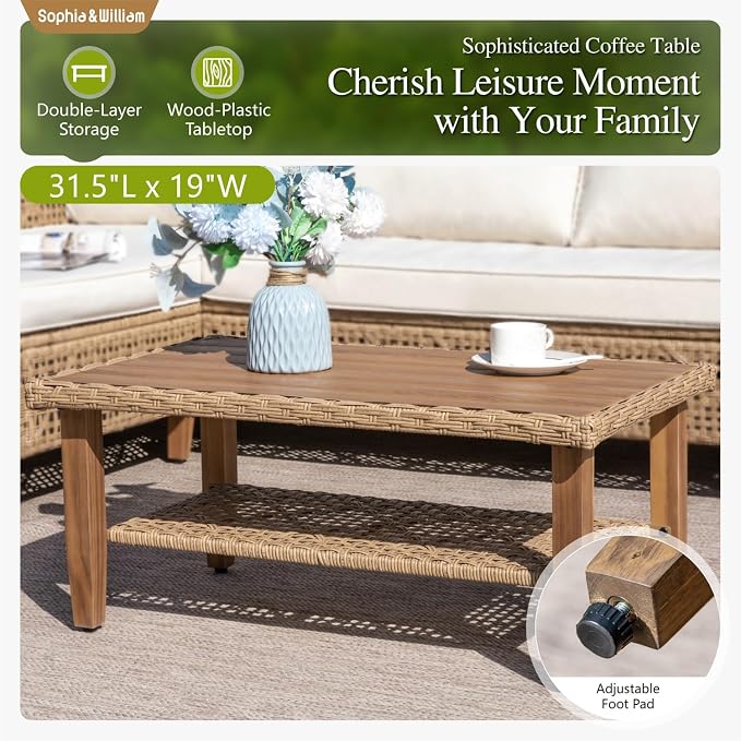 Sophia and William Wicker Patio Furniture Set, L-Shaped Outdoor Sectional Sofas with Ottoman and Acacia Wood Coffee Table, Rattan Outdoor Conversation Set wtih Beige Cushions(6 Seats)