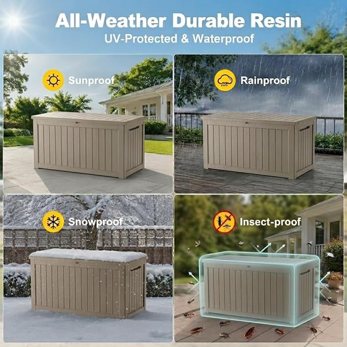 180 Gallon Outdoor Storage Box Resin Deck Box All Weather Waterproof Large Lockable Storage Container Deck Box for Patio Furniture, Garden Tools, Lockable, Grey