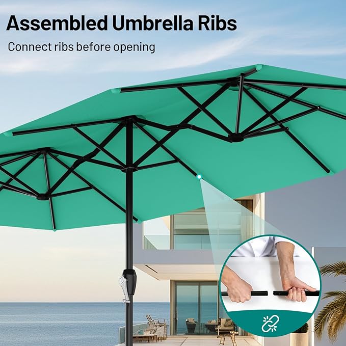 AreShark 15ft Patio Umbrella with Base, Double Sided Outdoor Umbrella with 12 Fiberglass Ribs, Large Outdoor Umbrella for Garden, Pool, Deck, Backyard & Market, Cerulean