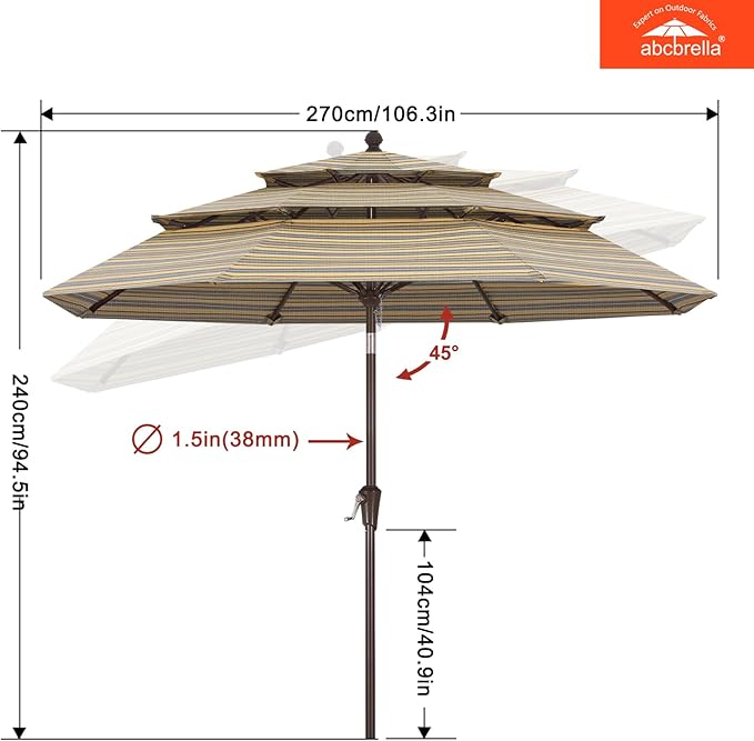 ABCCANOPY 5-Year 10-Year No Fading 9FT 3 Tiers Patio Umbrella, Outdoor Table Umbrella with 8 Sturdy Ribs for Deck, Backyard, Garden, Yard