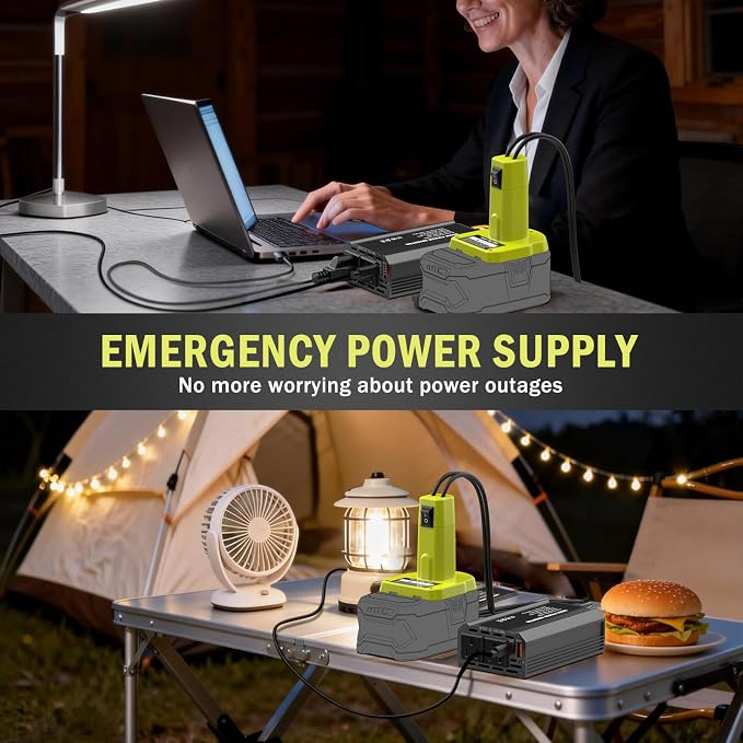 300W Power Inverter Compatible with Ryobi 18V Battery, DC 18V to AC 110V Battery Converter with PD 65W Type-C Fast Charging & 2 AC Outlets & 18W USB-A Port Portable Power Station for Camping