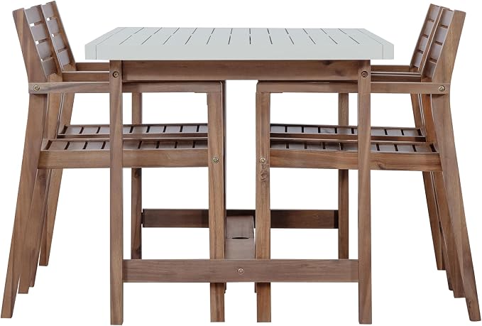 VilroCaz 5-Piece Outdoor Acacia Wood Outdoor Dining Set, All-Weather 59'' Rectangular Table with Umbrella Hole and 4 Armchair for Patio Lawn Garden Poolside (Brown-U27)