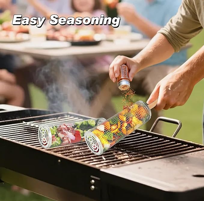 2PCS Rolling Grill Basket Grilling Accessories - Removable Wooden Handle, 304 Stainless Steel,Nesting Barbecue Tools,Smoker BBQ Accessories for Vagetable,Outdoor Cooking Camping,Picnic,Dinner Party,Gifts for Men Dad and Husband