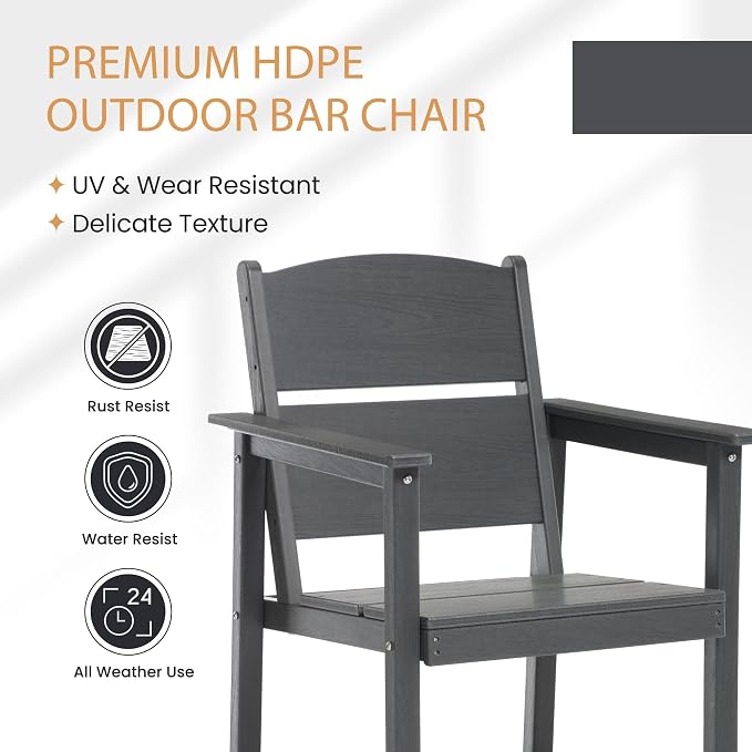 2 Pack Outdoor Bar Stools, HDPE Patio Bar Chairs with Armrests & Footrest, Weather Resistant All-Weather Counter Height Chairs for Outdoor Deck, Backyard, Poolside,Grey
