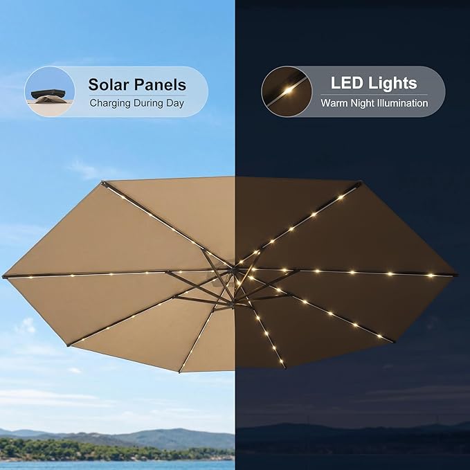 PURPLE LEAF 10' Round Patio Umbrella with Solar LED Outdoor Table Umbrella Aluminum Frame Market Umbrella with 8 Sturdy Ribs & Tilt for Garden Deck Lawn Pool Taupe
