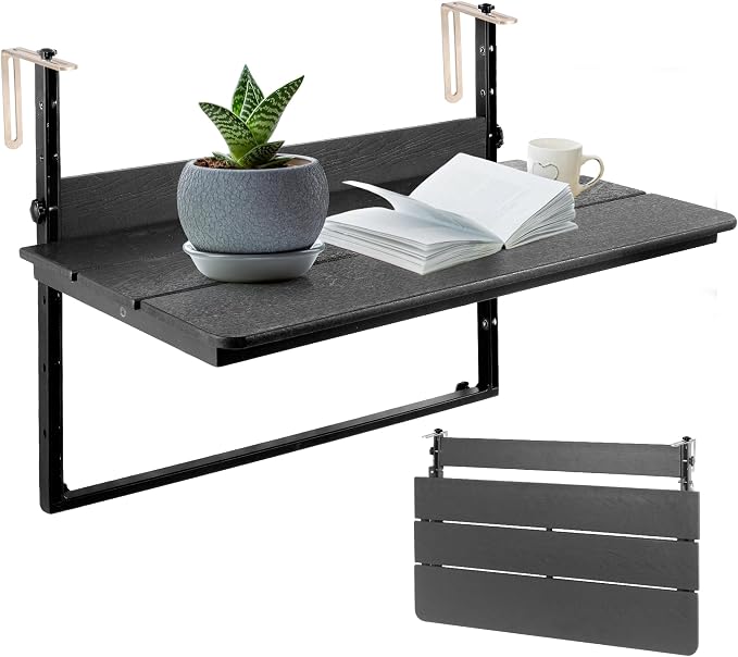 Balcony Railing Hanging Table Outdoor Folding Balcony Bar Table for Railings, Fit Railings 1" to 5.5", Adjustable Height Deck Railing Table for Garden Patio, 47.2" x 15.0", Black