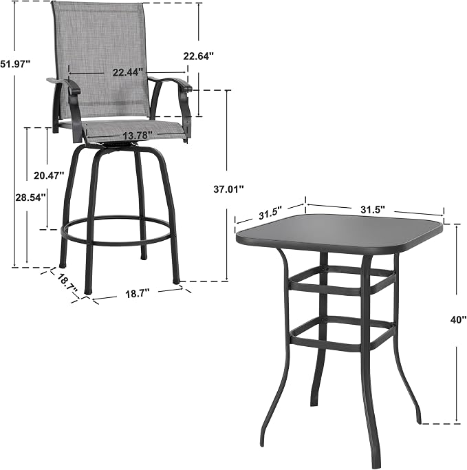 NUU GARDEN 3 Piece Outdoor Patio Bar Set,Glass Table and Swivel Stools,Gray and Black