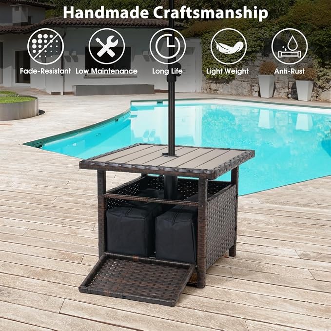 Sundale Outdoor Umbrella Stand with 2 Weight Bags, Patio 22 in Wicker Side Table with Umbrella Hole, All Weather Small Rattan Umbrella Base for Deck Yard Poolside Porch, Brown