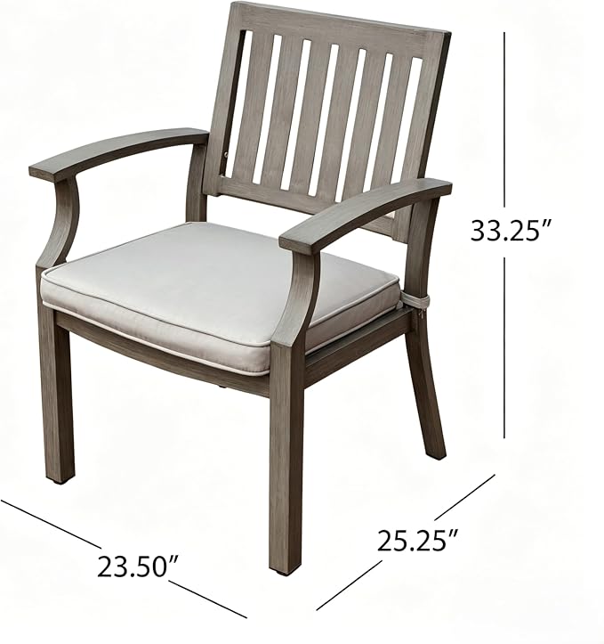 7 PCS Indoor Outdoor Patio Dining Furniture Set, Rectangular Wood Grain Pattern Table, 6 Aluminum Frame Chairs with Removable Thick Cushions, Ideal for Home, Apartment, Courtyard, Lawn, Poolside,Gray