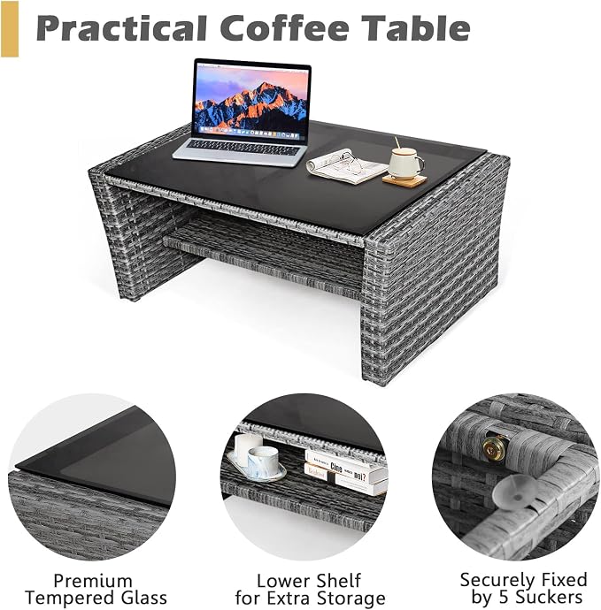 HAPPYGRILL 4 Pieces Conversation Set Outdoor Patio Rattan Furniture Set with Cushions and Coffee Table Sectional Wicker Sofa Set for Garden Porch Balcony Poolside