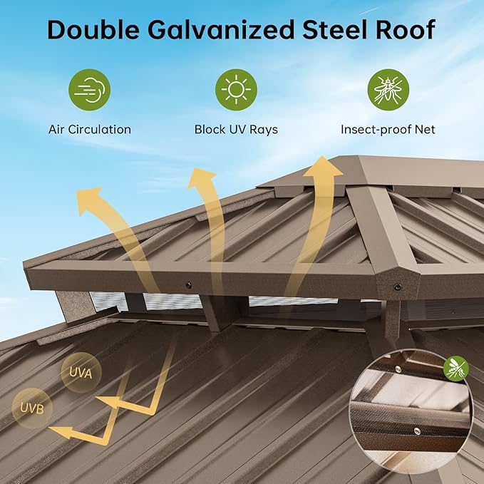 12x14FT Hardtop Gazebo, Metal Frame with Double Galvanized Steel Roof, Permanent Outdoor Pergola with Curtains and Netting Included for Backyard, Patio, Lawn and Garden, Brown