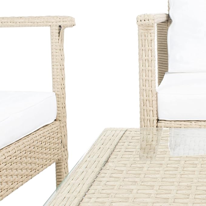 Safavieh Outdoor Collection Garnen Beige Wicker Cushion 4-Piece Living Set PAT7714B, Grey/White
