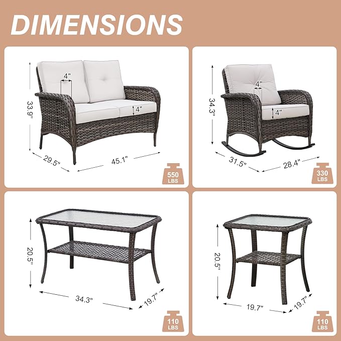 COOS BAY Vintage Courtyard Patio Furniture Set, Wicker Outdoor Furniture, Patio Conversation Sets, 2 Rocking Chairs, Loveseat, Coffee Table and Side Table, 5 Pieces, Gray/Beige
