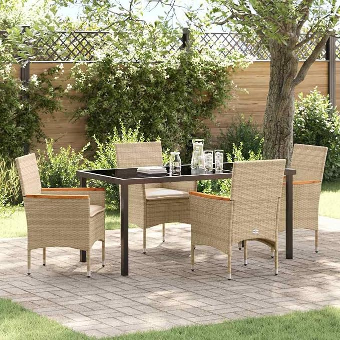 5-Piece Garden Dining Set with Cushions, Modern Outdoor Patio Furniture for 4, Poly Rattan Table and Chairs for Backyard, Poolside, Deck, Beige