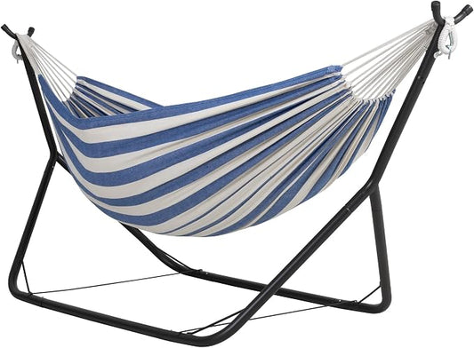 ANOW Two Person Hammock with Stand for Outside, Space Saving Hammock Stand with Adjustable Height, 475 Lbs Capacity, Blue and White Stripe