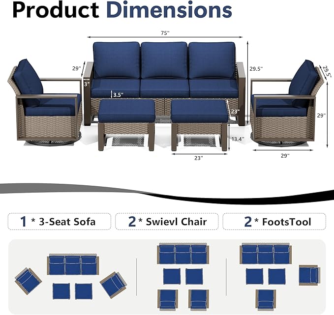 Outdoor Patio Furniture Set, 5 Piece Wicker Patio Conversation with Deep Seating, Thicken Cushions, Outdoor Swivel Rocker Patio Chairs, Metal Outdoor Furniture for Deck, Porch, Yard Use