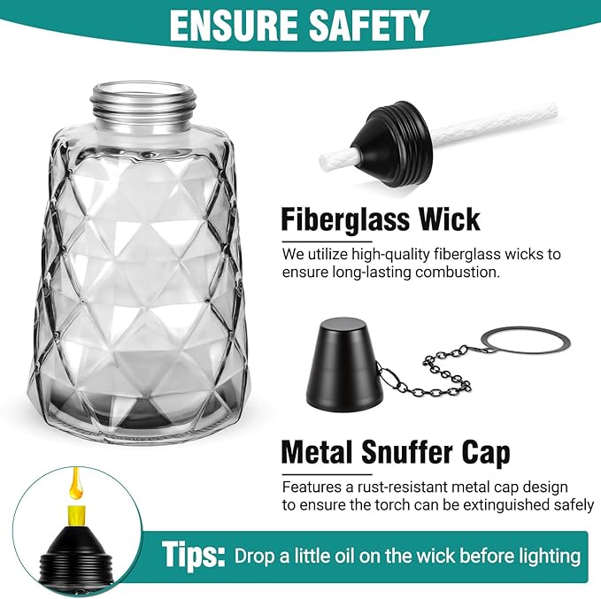 4-Pack Glass Tabletop Torches Outdoor, 12 oz Citronella Torches Canisters with Wick & Cap, for Patio, Backyard, Garden, Parties, Outside Deck (Black)