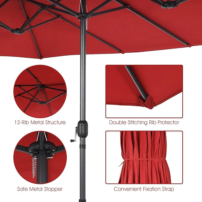 Tangkula 15FT Double-Sided Patio Umbrella, Outdoor Market Umbrella W/Hand-Crank System & Enhanced Base, Ultra-Large Twin Garden Umbrella W/ 12-Rib Structure for Residential & Commercial Use (Wine)