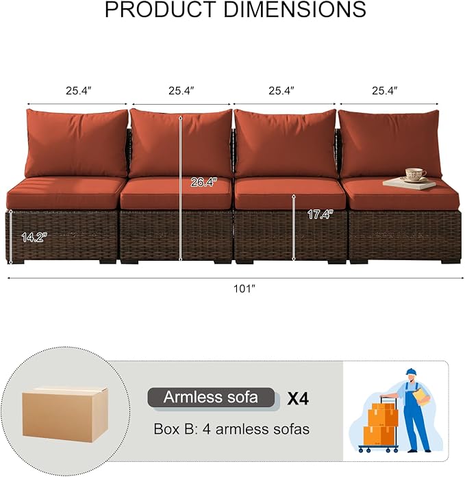 4 Pieces Patio Furniture Set, Outdoor PE Rattan Sectional Sofa with Soft Cushions for Backyard, Porch, and Poolside (Red, 4 PCS)