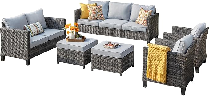 HOOOWOOO 6-Piece Luxury Patio Furniture Set–Comfortable Outdoor Rattan Sofa Set with Loveseat, 2 Chairs, 2 Ottoamns, Weather-Resistant Patio Conversation Set for Deck, Garden, Balcony (Grey)