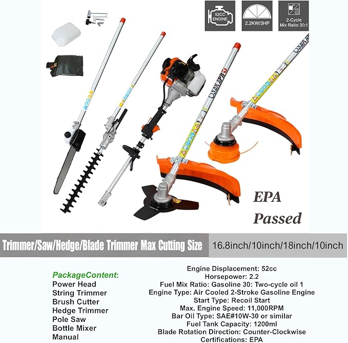 52cc 2-Cycle Gas Multi-Trimmer | 4-in-1 String Trimmer w/Rotatable Pole Saw, Weed Eater Weed Wacker, Brush Cutter & Hedge Trimmer Gas for Lawn, Yard, Garden Care, All-in-one Garden Tool