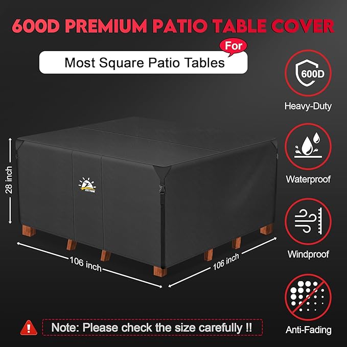 Zettum Patio Furniture Cover Square - 600D Outdoor Table Cover Waterproof & Heavy Duty, Extra Large Lawn Furniture Set Covers for Outside Dining Table and Chairs Seating Combo - 106 x 106 x 28 Inch